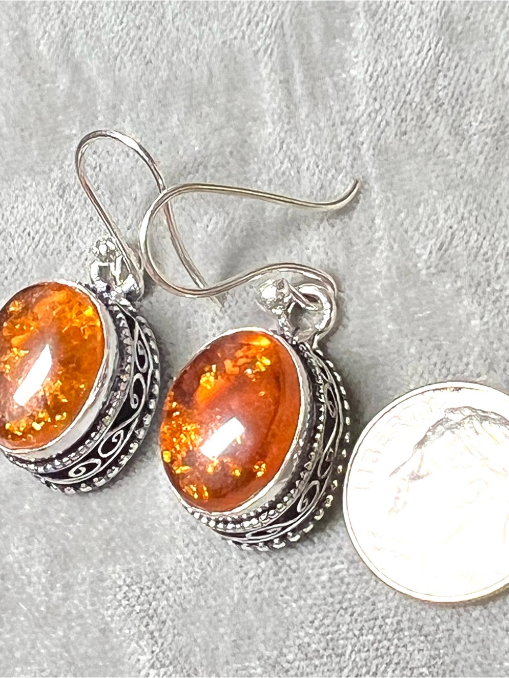 NWT Solid Sterling Silver Natural Amber Oval Drop Artisan Earrings Stamped 925 - Picture 6 of 7